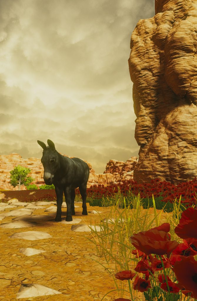 Screen capture of a video game: a donkey stands in a field.