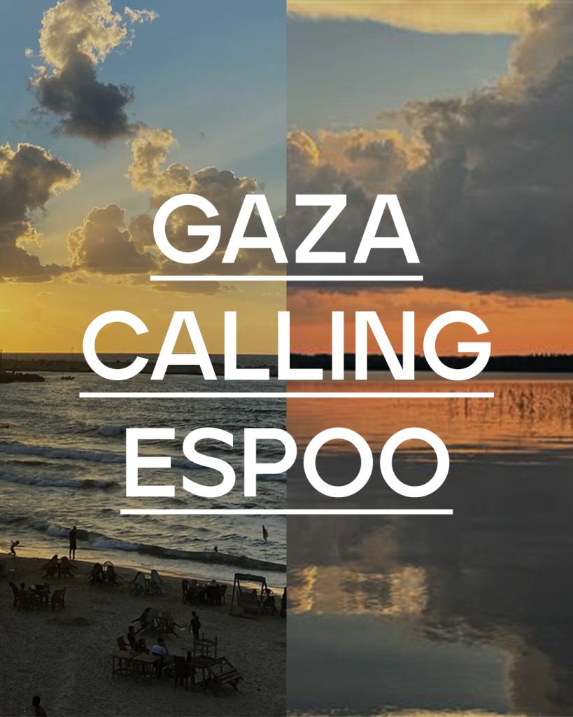 Beach landscape with the text "Gaza calling Espoo" across.