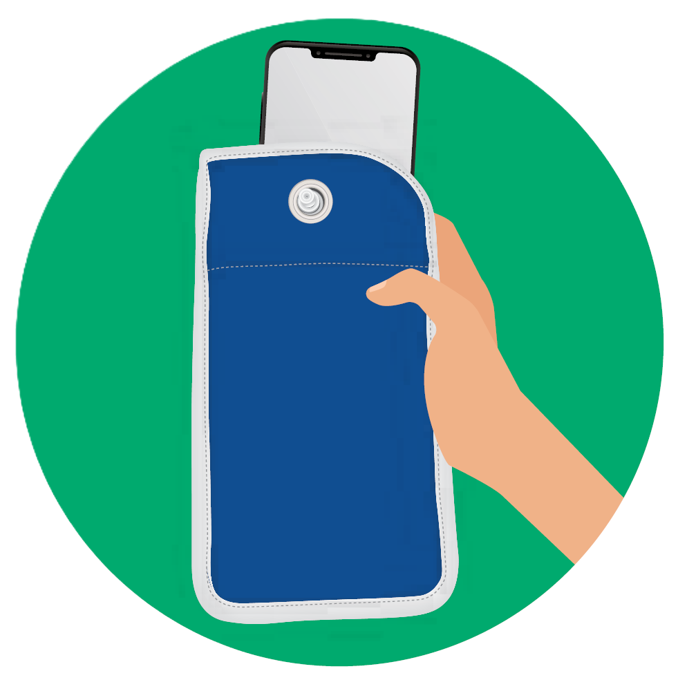 Kuvitus: Puhelin suljetaan pussiin.